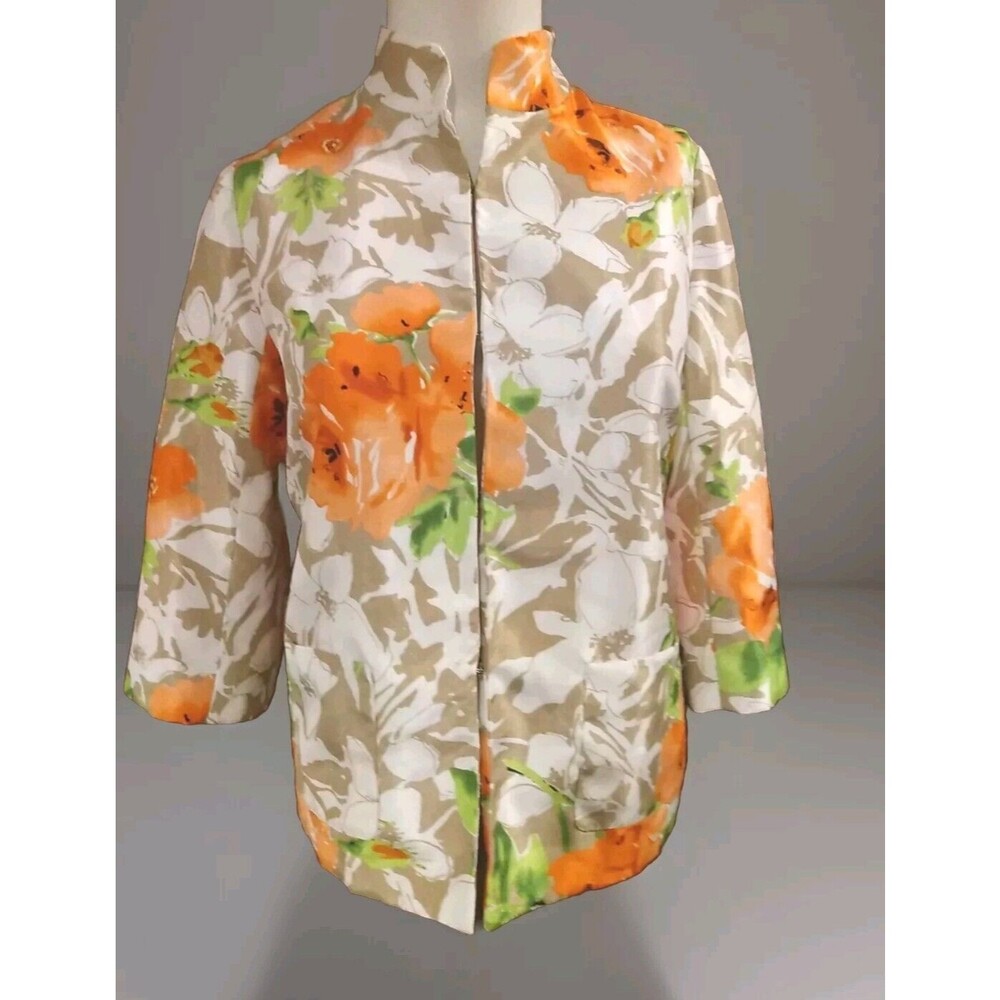 Susan Graver Orange Satin Floral 3/4 Sleeve Blazer Jacket Size M